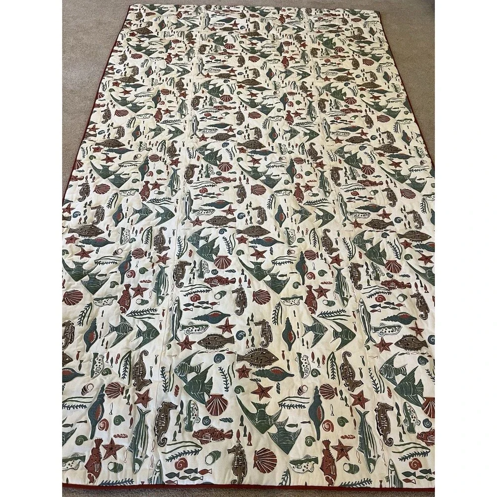 Handmade Coastal Nautical Quilt 66x106” Multipurpose Cover Sea Life Fish Seahors